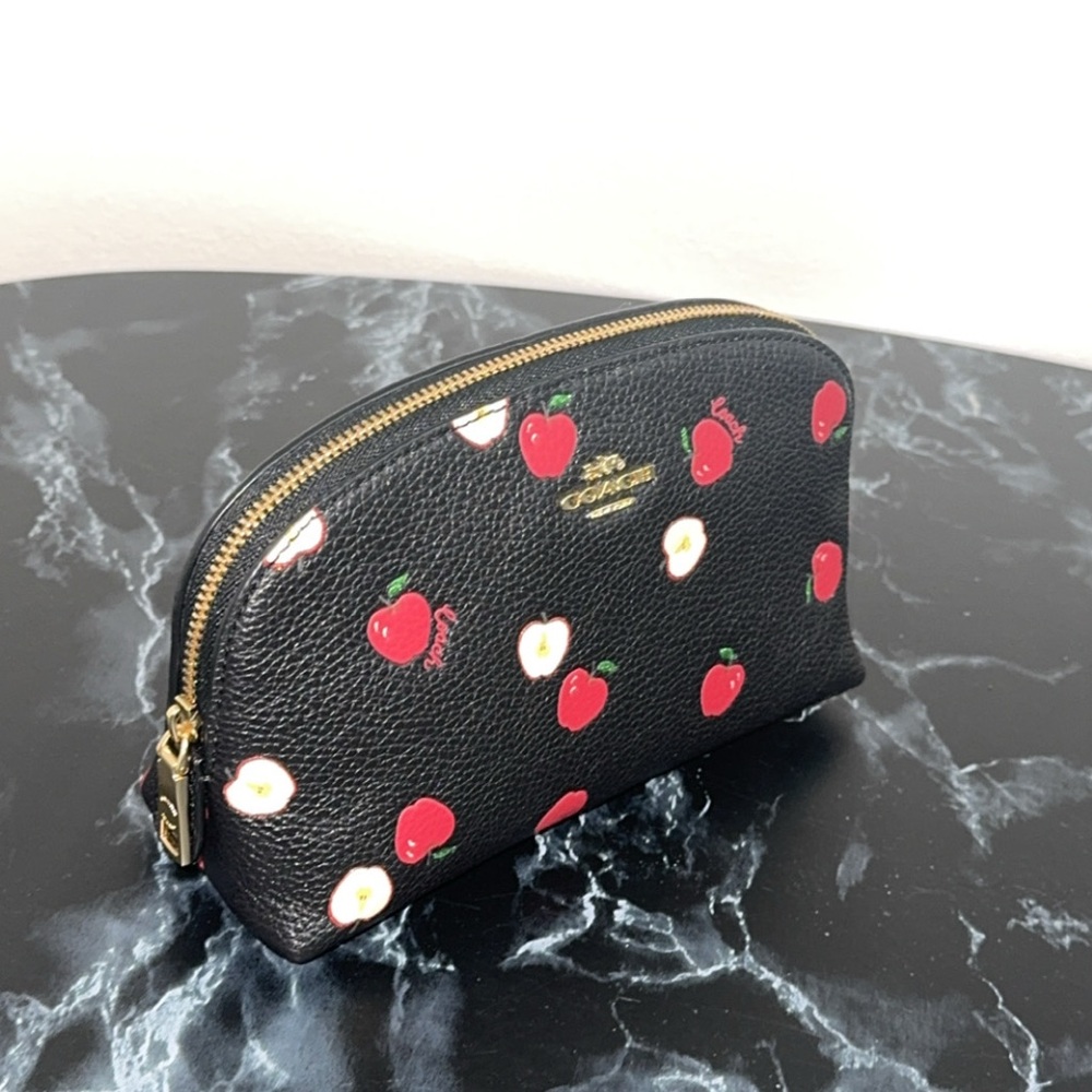 Coach Black Red Cosmetic Leather Bag Clutch Case with Red Apple Print AUTHENTIC